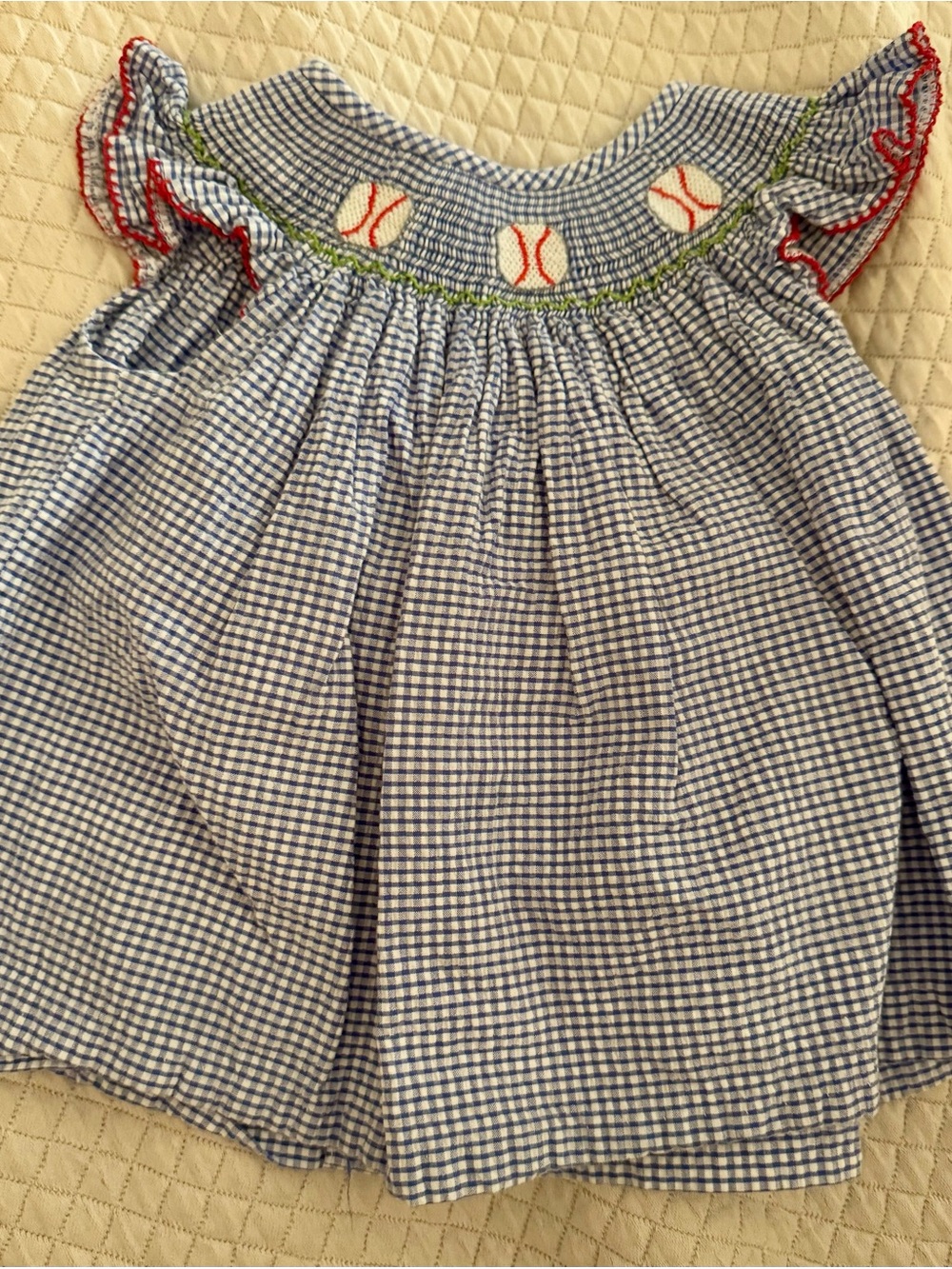 Blue Gingham Girls' Smocked Dress with Baseball Motif